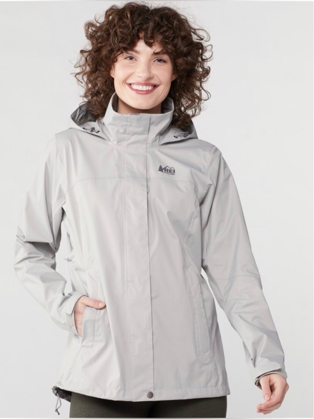 REI Rainier Rain Jacket Light Gray Hooded Jacket Women's Large
